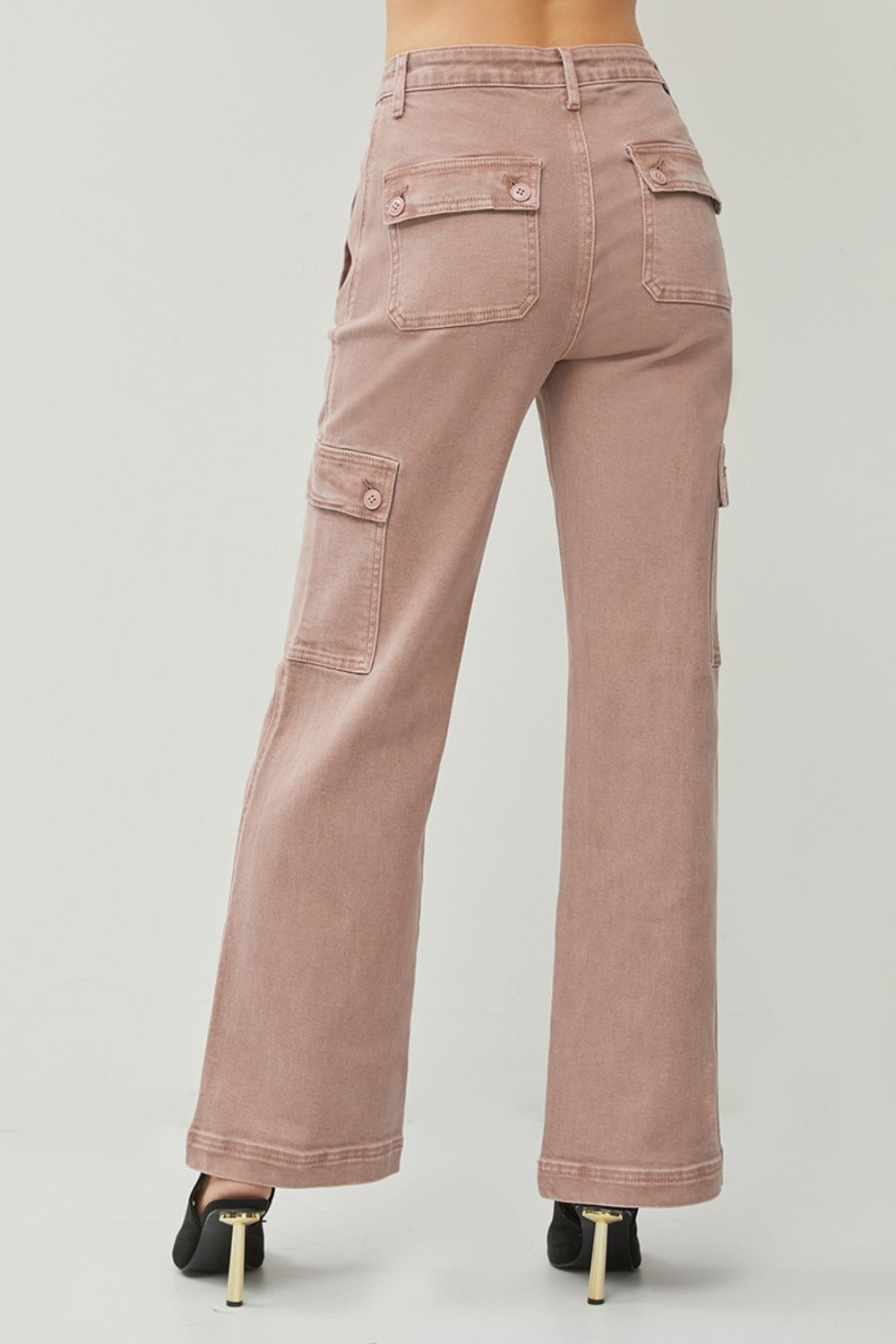 RISEN High Rise Cargo Pockets Zipper Fly Stretchy Wide Leg Denim Jeans | Mauve