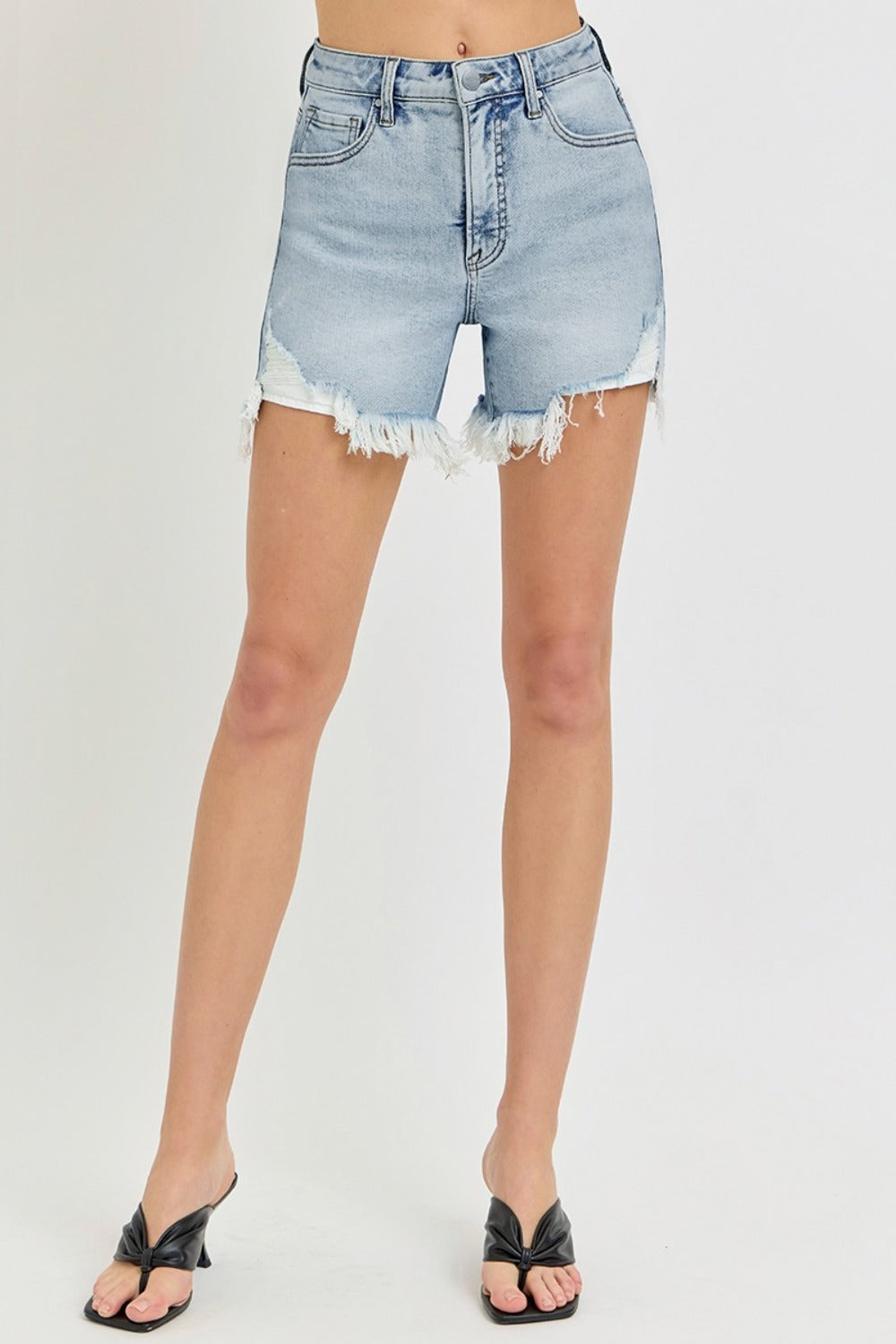 RISEN High Rise Side Step Hem Zipper Fly Light Wash Denim Shorts