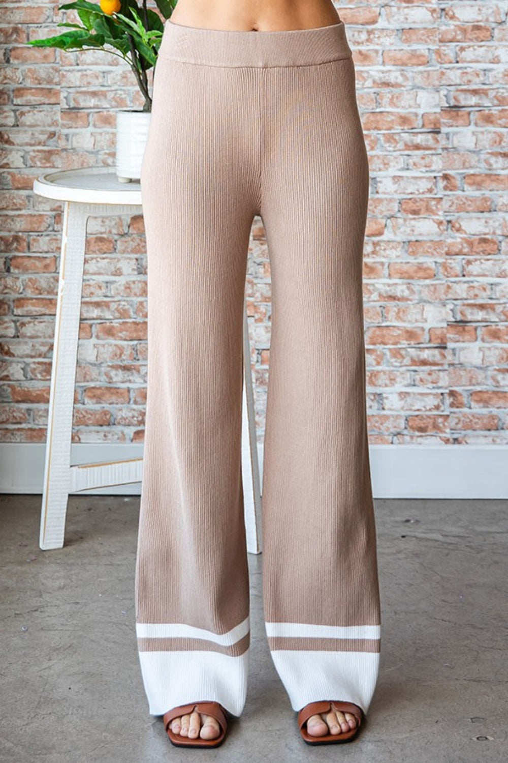 First Love Contrast Hem Elastic Band Ribbed Knit Long Straight Pants | Mocha