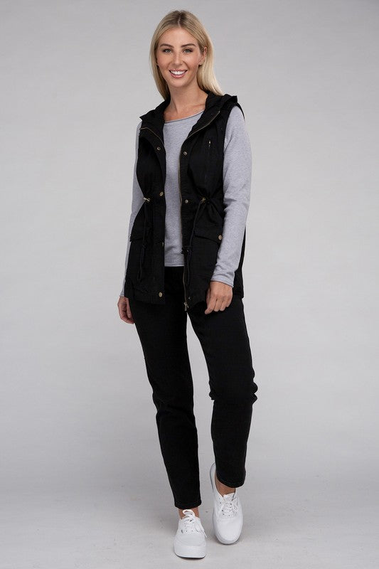ZENANA Relaxed Fit Drawstring Waist Military Hoodie Vest