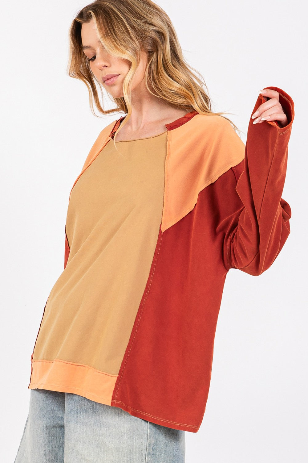 SAGE + FIG Mineral Wash Color Block Detail Long Sleeves Oversized Top | Toast