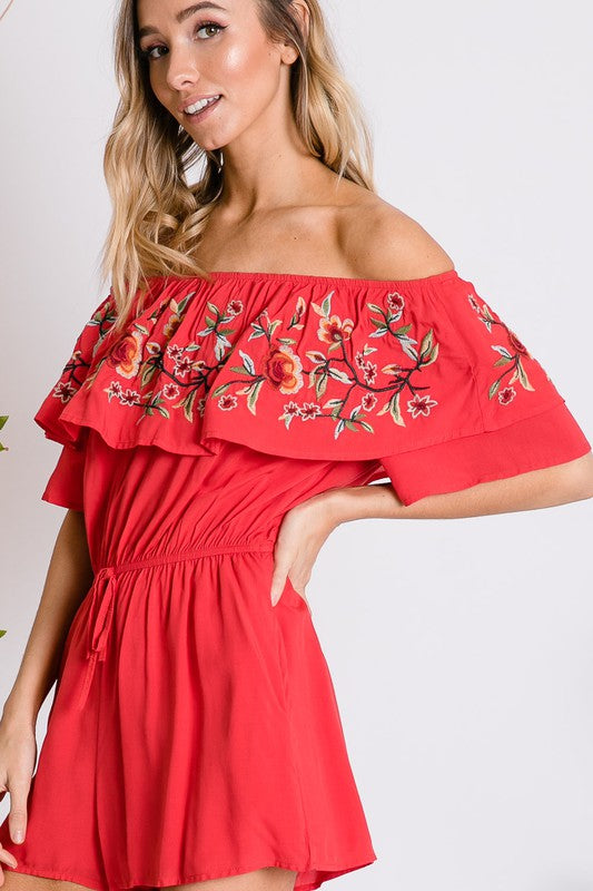 DAVI & DANI Floral Embroidered Ruffle Overlay Off Shoulders Romper with Pockets
