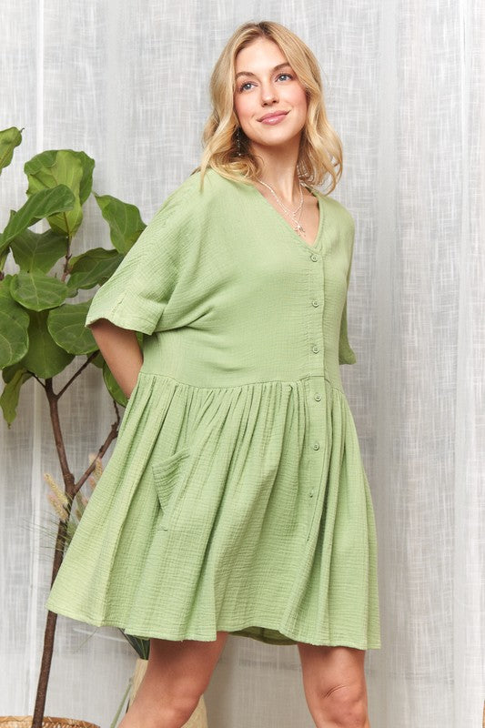 ADORA V-Neck Half Sleeve Dress with Pockets | Dusty Green