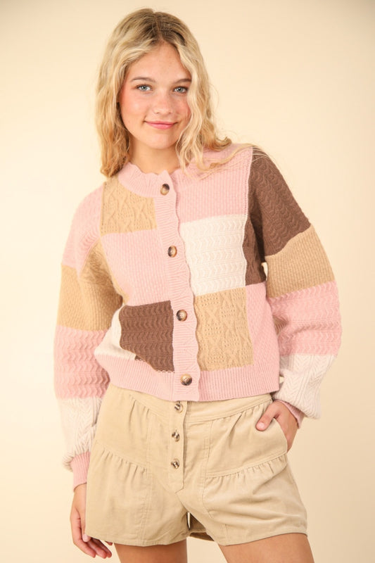 VERY J Color Block Button Down Textured Knit Cropped Sweater Cardigan | Blush