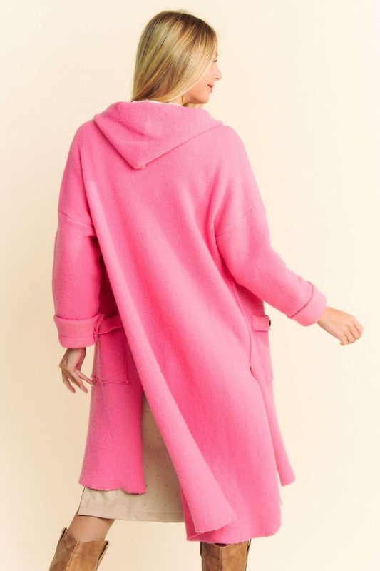 Davi & Dani Side Slit Button Up Long Sleeves Pockets Hooded Cardigan | Pink