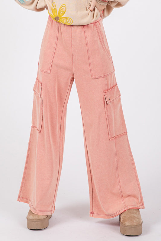 SAGE + FIG Knit Terry Mineral Wash Elastic Waist Wide Leg Sweatpants | Rose