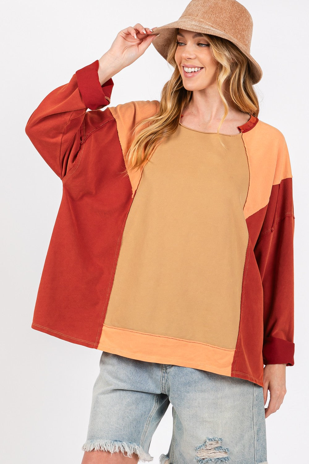 SAGE + FIG Mineral Wash Color Block Detail Long Sleeves Oversized Top | Toast