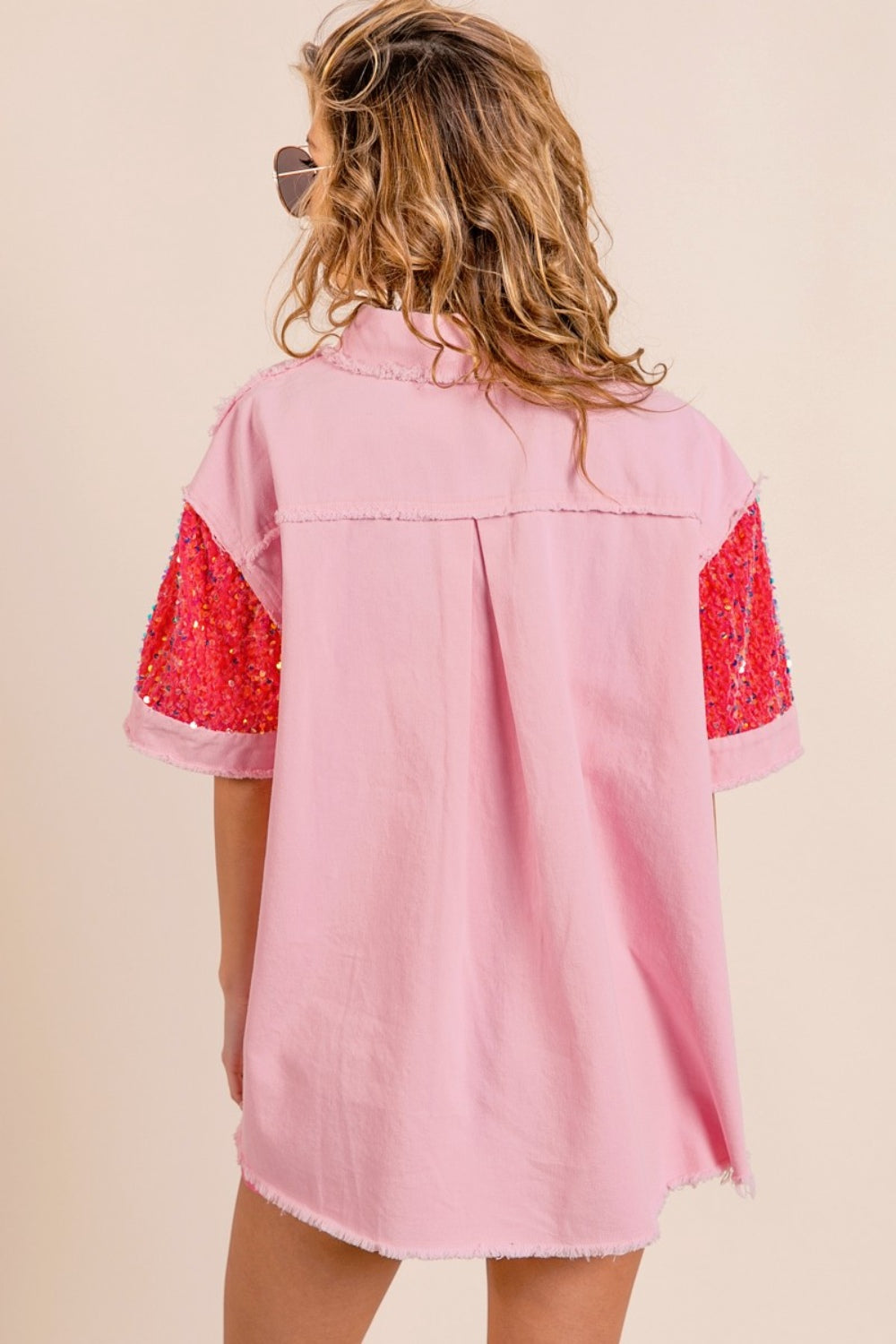 BiBi Sequin Detail Raw Hem Short Sleeves Buttoned Shirt