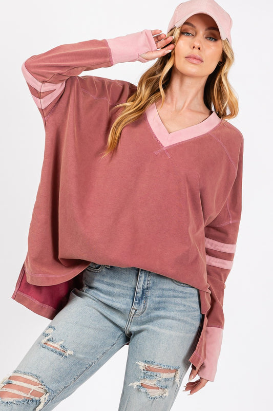 SAGE + FIG Mineral Wash Side Slit Contrast V-Neck Oversized T-Shirt | MulBerry