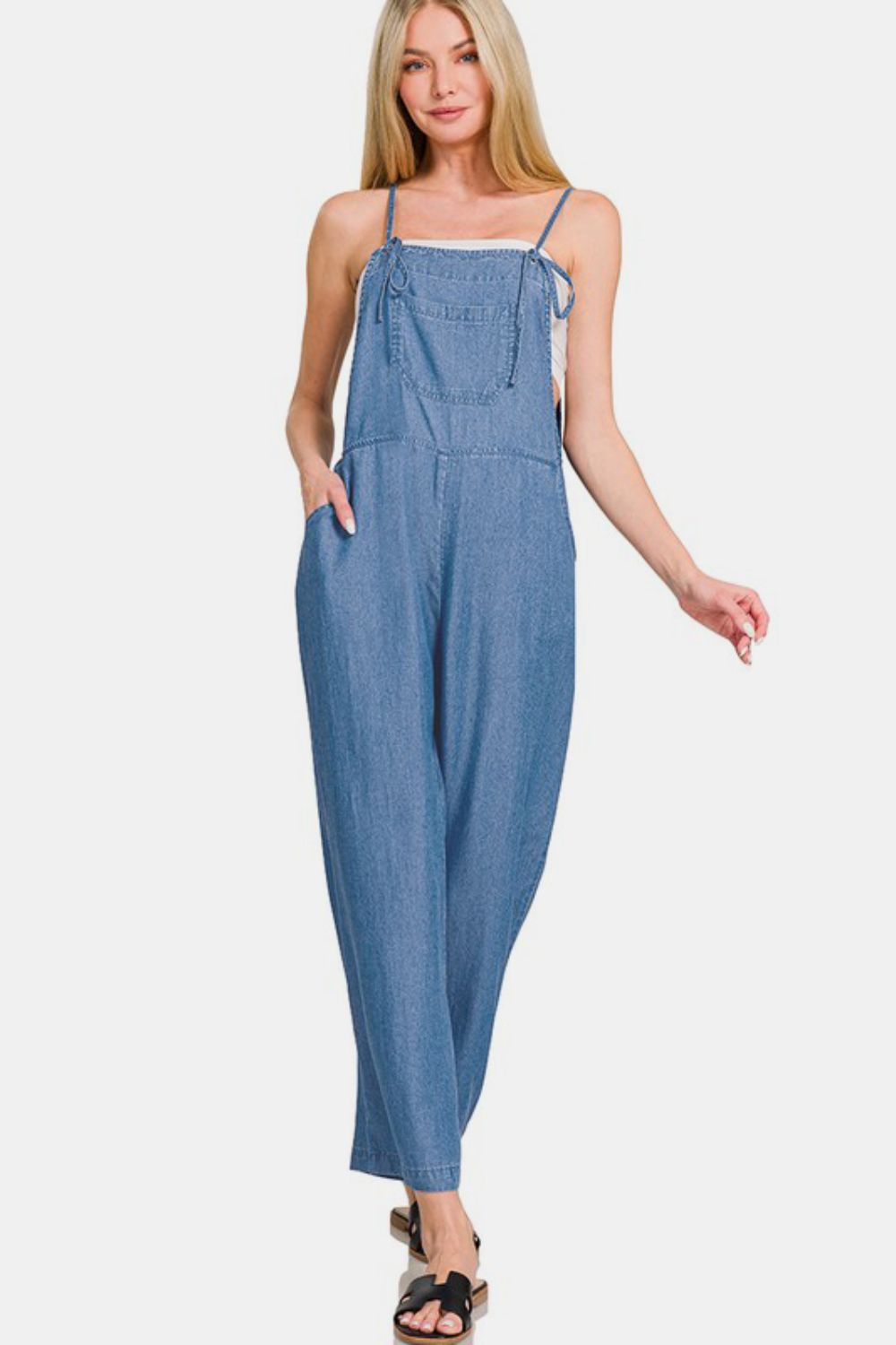 Zenana Enzyme Washed Adjustable Strap Pockets Wide Leg Denim Overalls | Blue