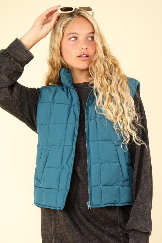 VERY J Zip Up High Neck Side Pockets Solid Puffer Padded Warm Vest | Sea Foam