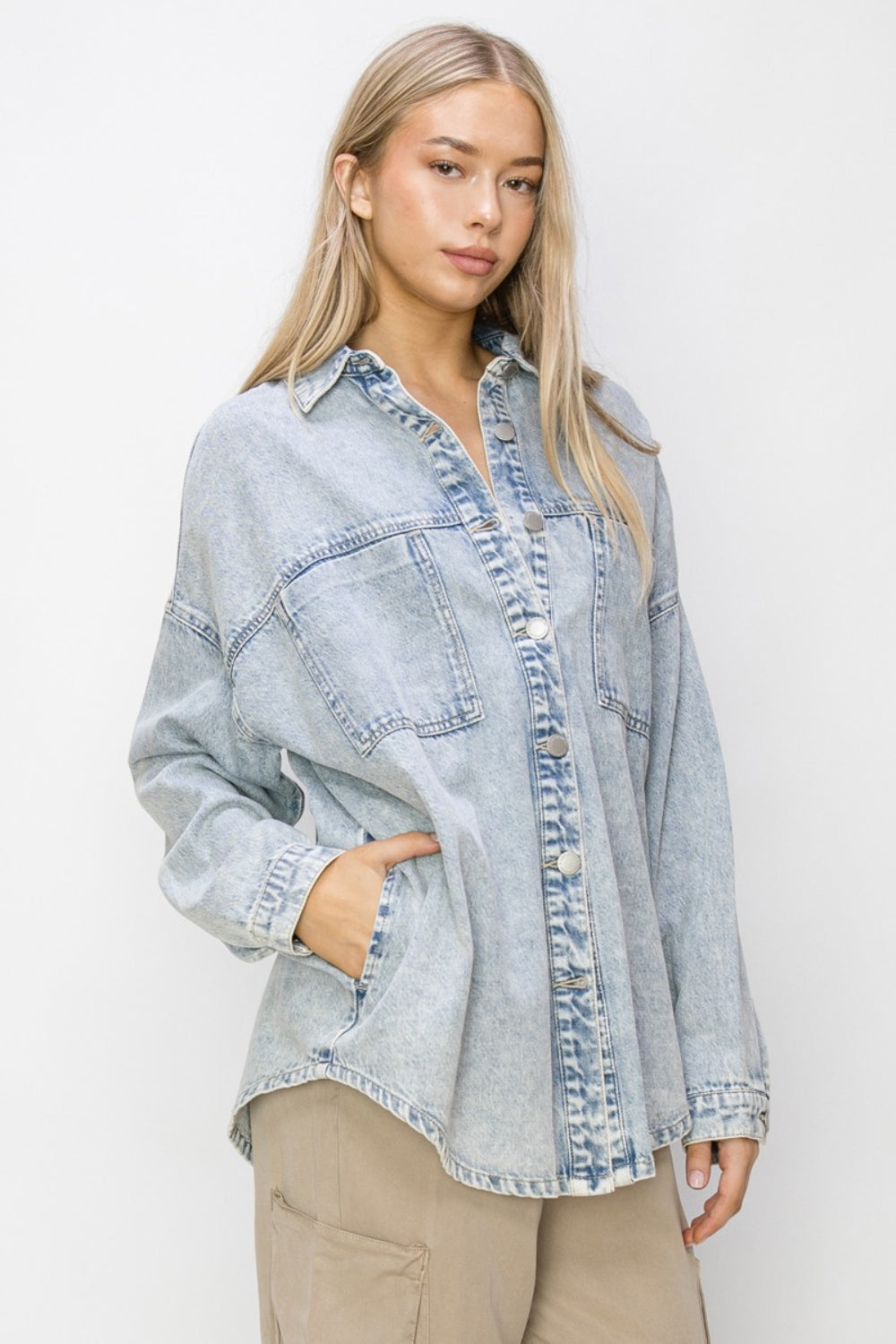 RISEN Oversized Button Up Long Sleeves Chest Pockets Light Wash Shacket