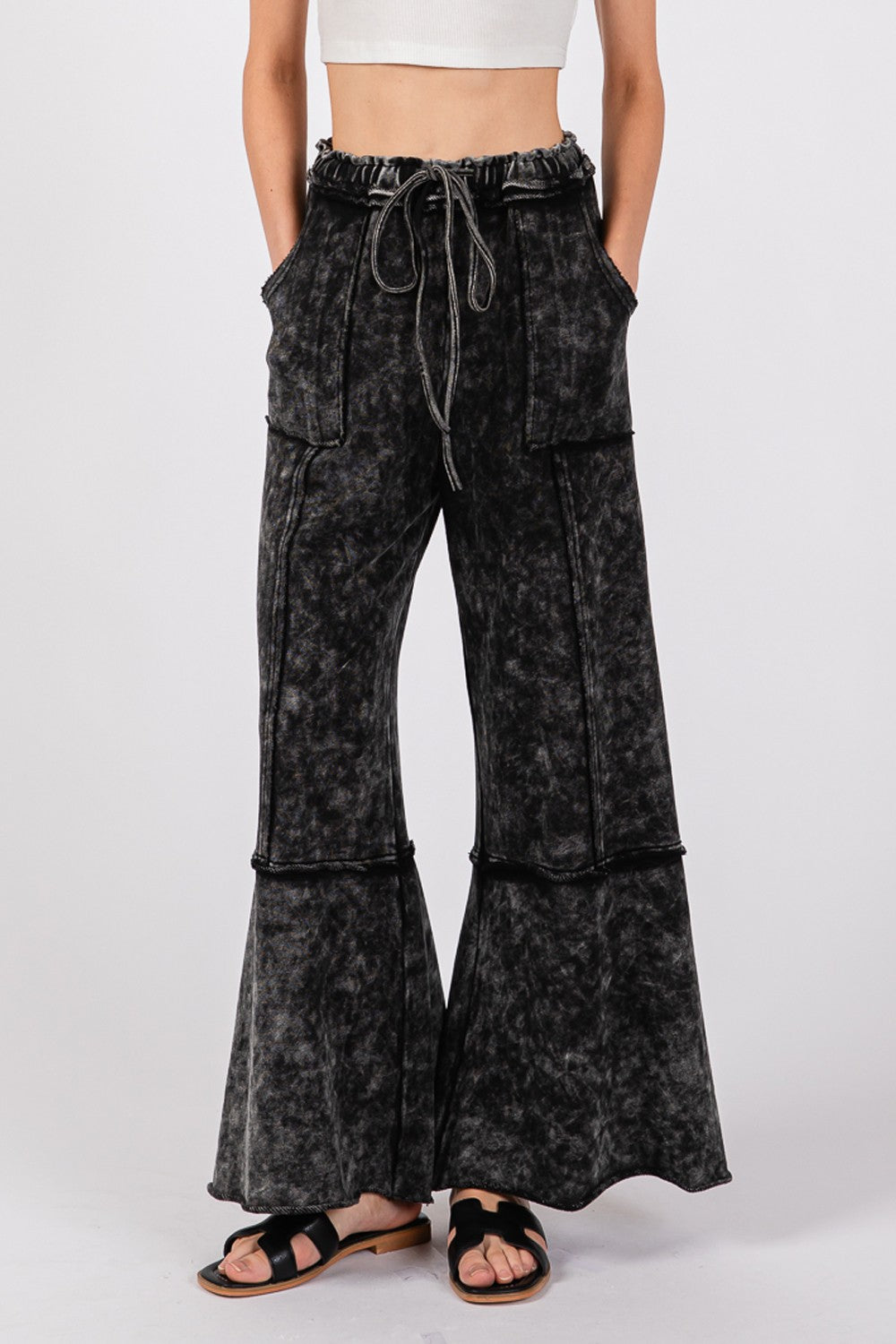 SAGE + FIG Mineral Washed Elastic Waist Terry Knit Wide Leg Pants | Ash