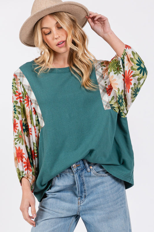 SAGE + FIG Floral Printed Balloon Sleeves Contrast Round Neck Knit Top | Teal