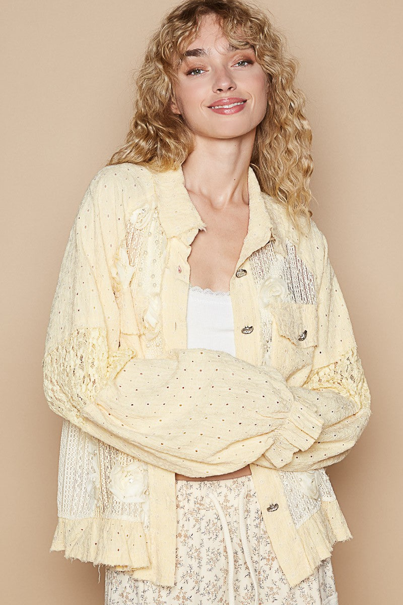 POL Eyelet Flower Pearl Detail Lace Patchwork Balloon Sleeves Shirt | Banana