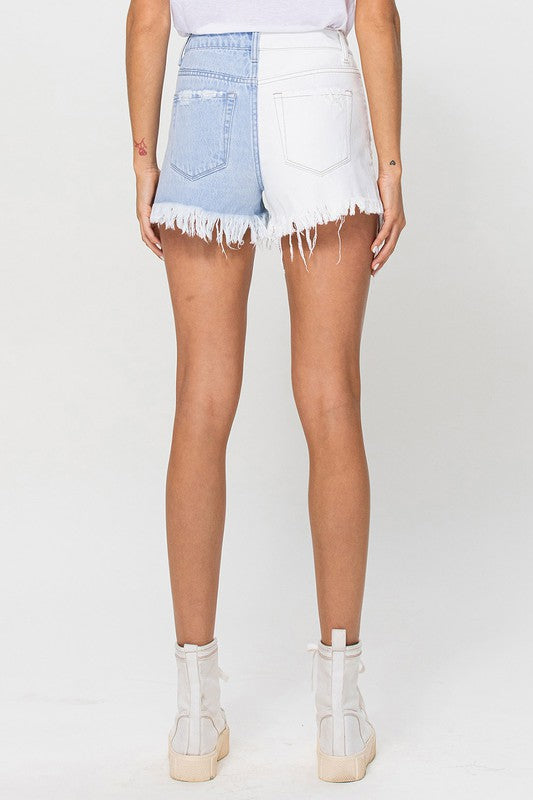 VERVET Wisdom Drive High Rise Destroyed Hem Two Tone Denim Shorts