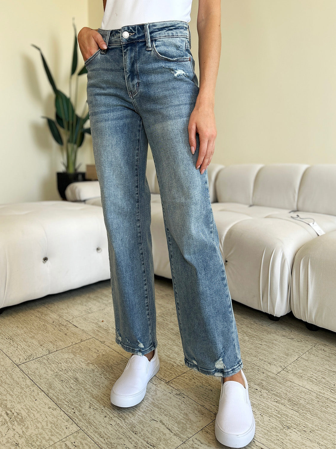 Judy Blue Full Size Mid Rise Distressed Medium Wash Straight Denim Jeans