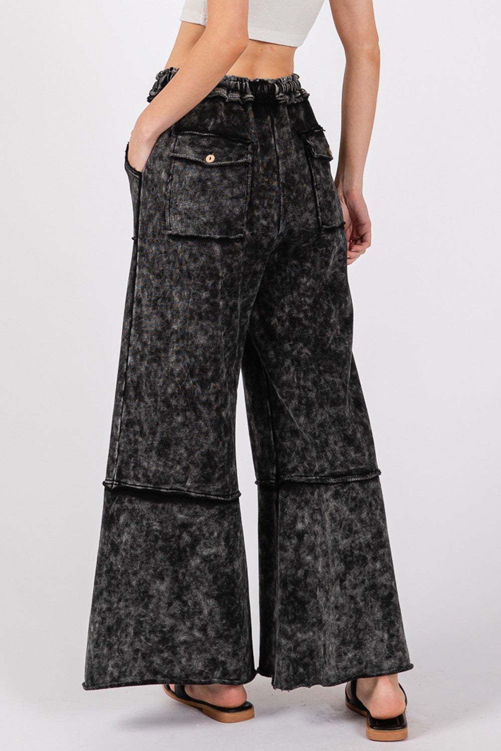 SAGE + FIG Mineral Washed Elastic Waist Terry Knit Wide Leg Pants | Ash