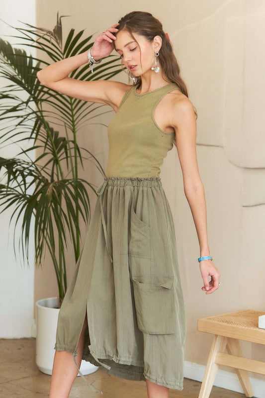 ADORA Drawstring Detail Elastic Waist Sleeveless Pockets Washed Dress | Olive