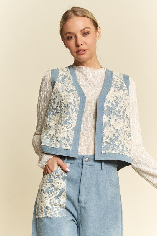 Davi & Dani Casual Textures Lace Patch Detail Open Front Denim Vest | Light Blue