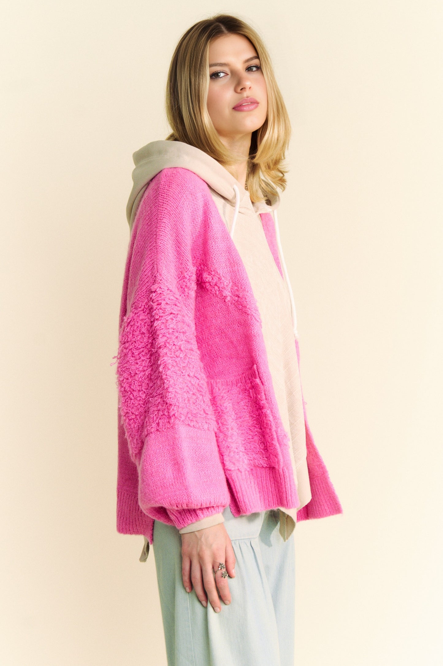 Davi & Dani Side Slit Open Front Long Sleeves Pockets Comfy Knit Cardigan | Pink