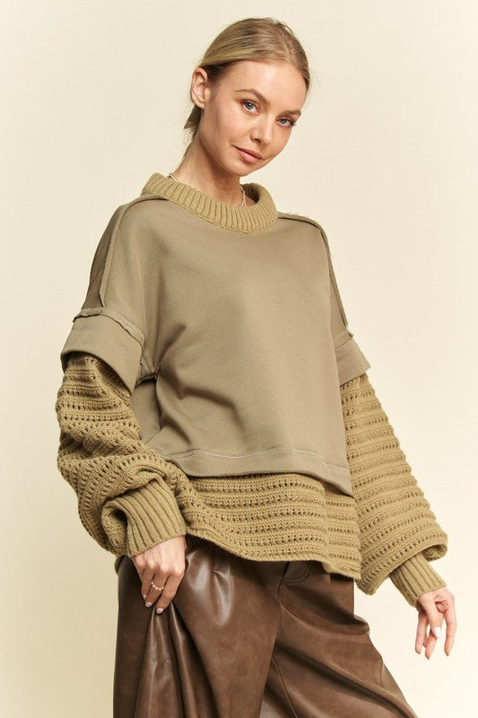 Davi & Dani Faux Layered Detail Round Neck Ribbed Knit Trim Sweater | Olive