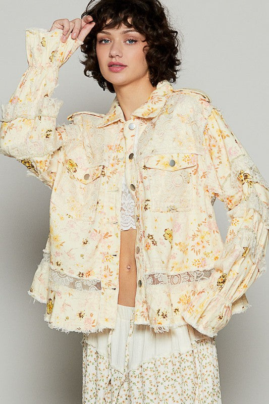 POL Vintage Washed Raw Hem Lace Patch Flounce Sleeves Pockets Jacket | Yellow