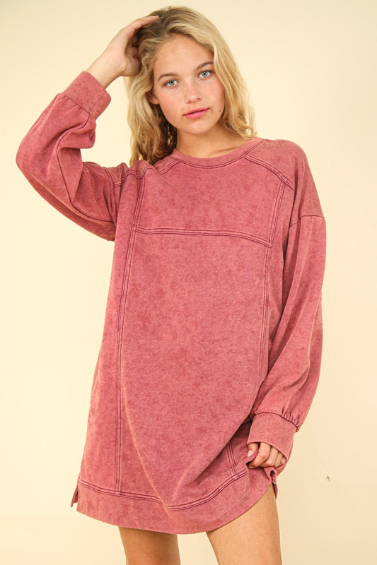 VERY J Mineral Wash Side Pockets Oversized Knit Sweatshirt Mini Dress | Magenta