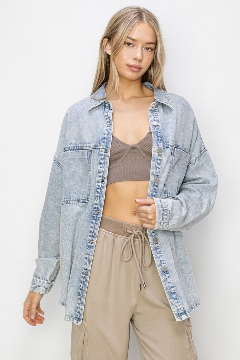 RISEN Oversized Button Up Long Sleeves Chest Pockets Light Wash Shacket