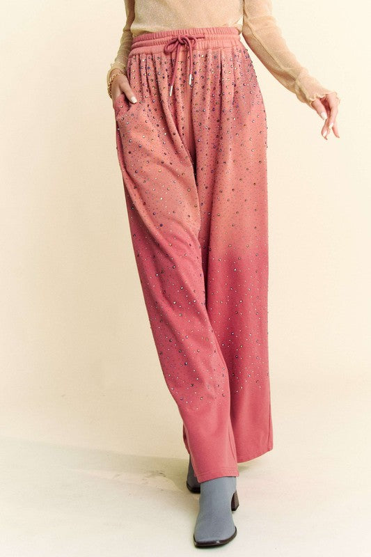 Davi & Dani Sparkling Rhinestone Pockets Drawstring Wide Leg Pants | Deep Rose