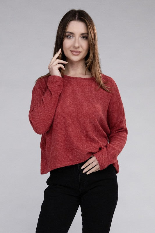 ZENANA Ribbed Dolman Long Sleeves Round Neck Sweater