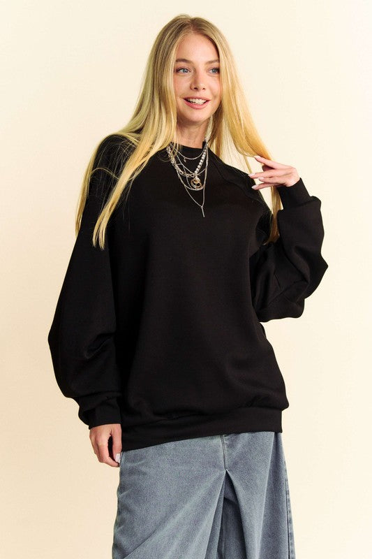 Davi & Dani Round Neck Raglan Sleeves Relaxed Fit Pullover Sweatshirt | Black