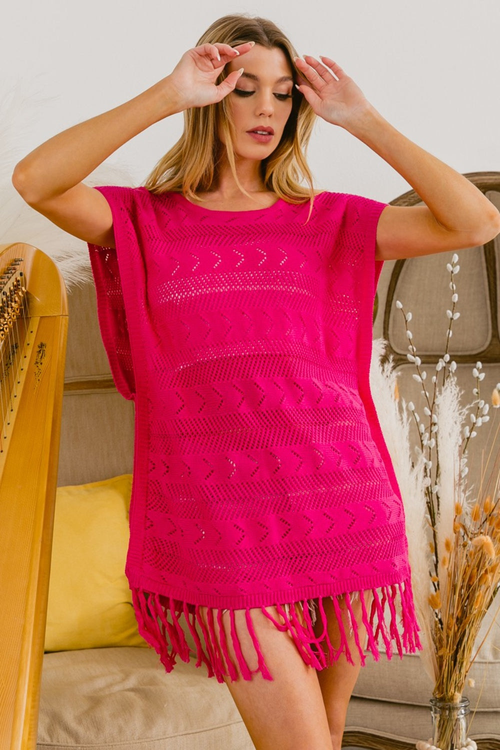 BiBi Fringed Hem Round Neck Sleeveless Open Knit Cover Up Top | Fuchsia