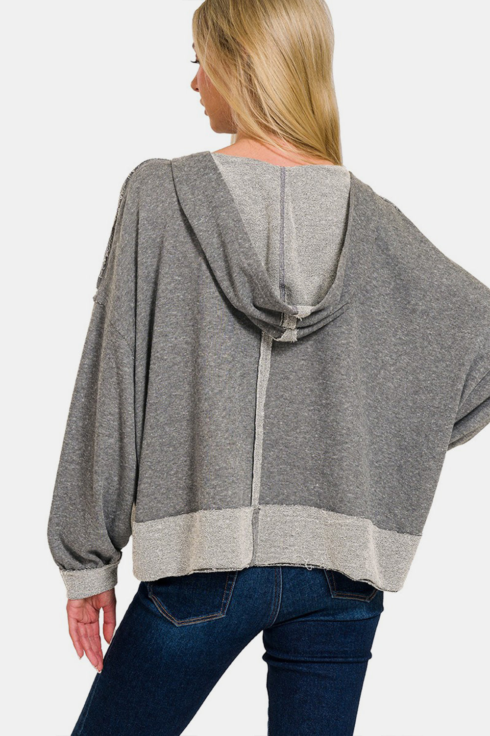 ZENANA Contrast Trim Slit Raw Hem Long Sleeves Hoodie Sweatshirt | Dark Gray