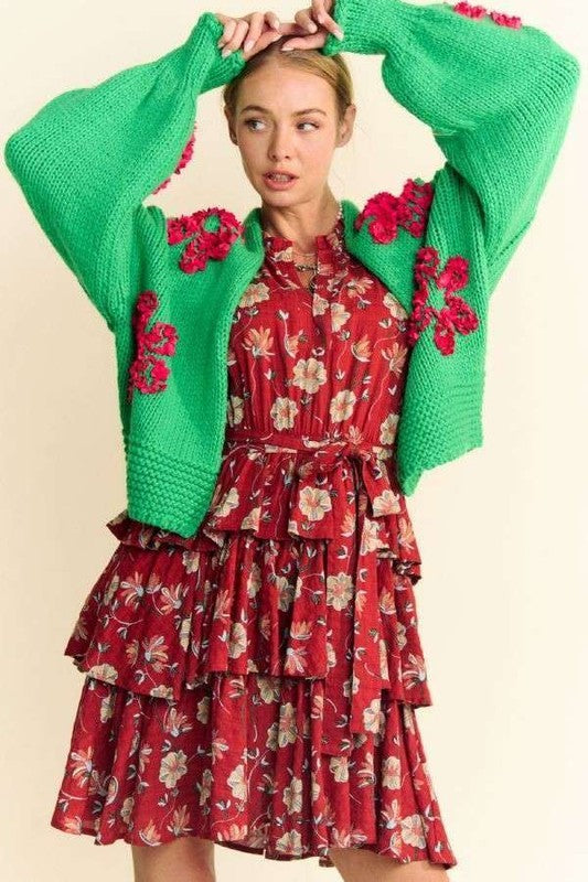 Davi & Dani Floral Applique Open Front Long Sleeves Bulky Cardigan | Green