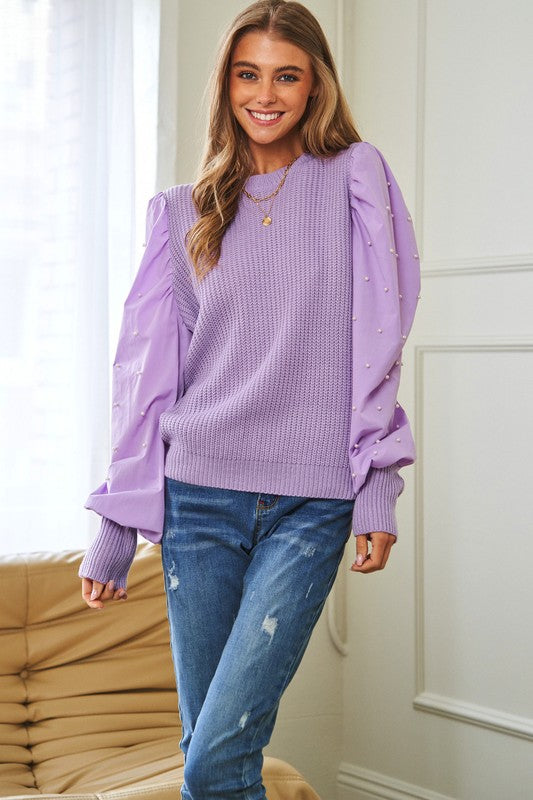 DAVI & DANI Pearl Embellishments Contrast Sleeves Sweater