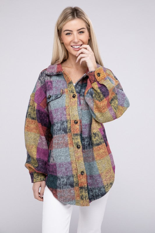 BiBi Loose Fit Buttoned Down Check Pattern Chest Pockets Shirt Jacket
