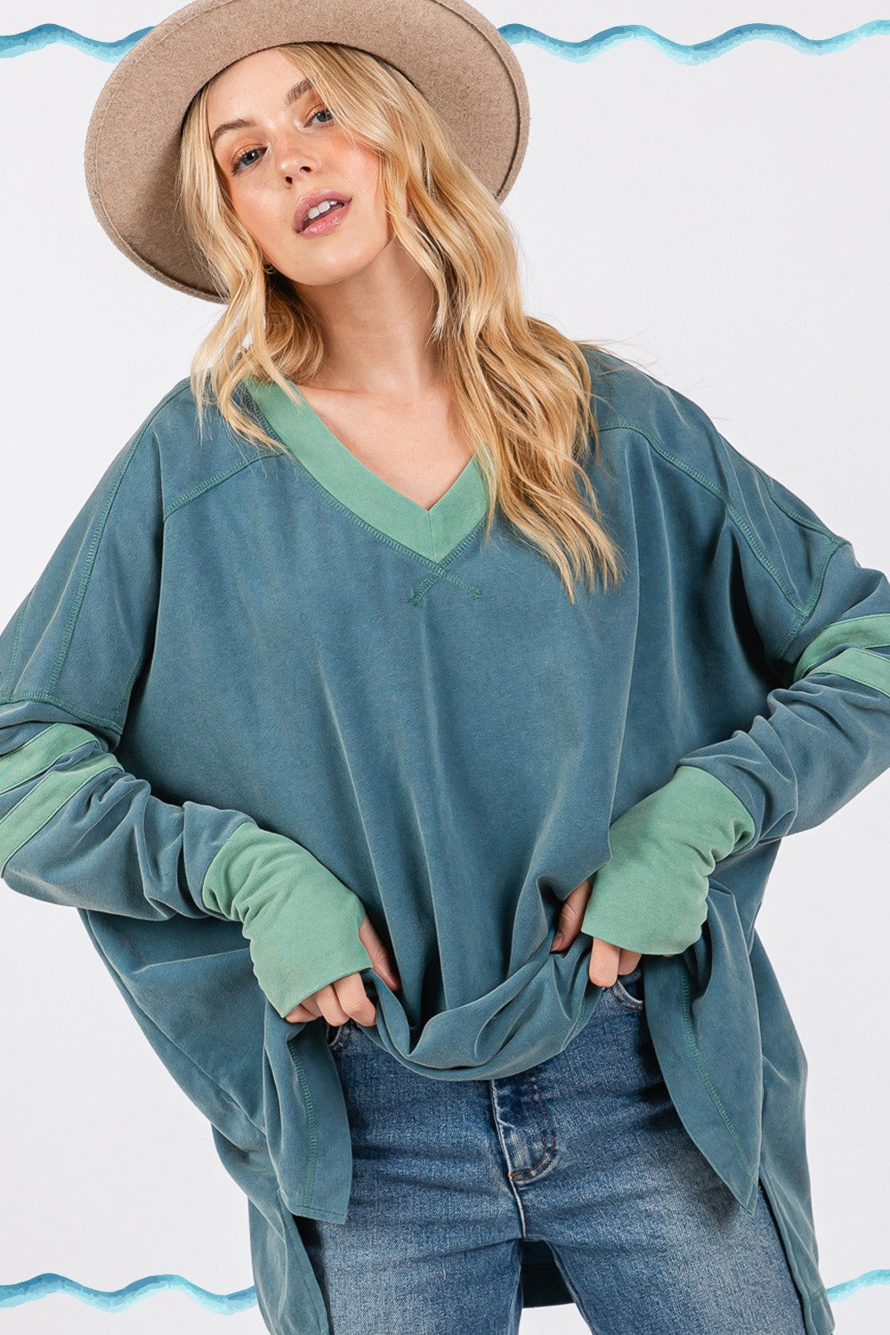 SAGE + FIG Mineral Wash Side Slit Contrast V-Neck Oversized T-Shirt | Teal