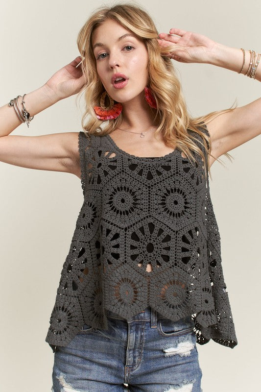 ADORA Crochet Detail Scoop Neck Wide Shoulder Strap Knit Tank Top | Charcoal