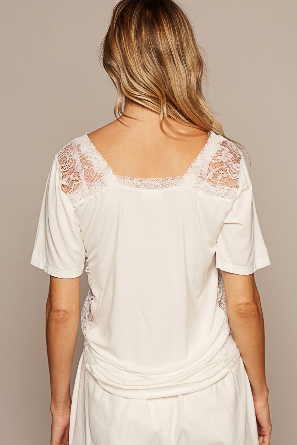 POL V-Neck Short Sleeves Relaxed Fit Lace Trim Detail Top | Off White