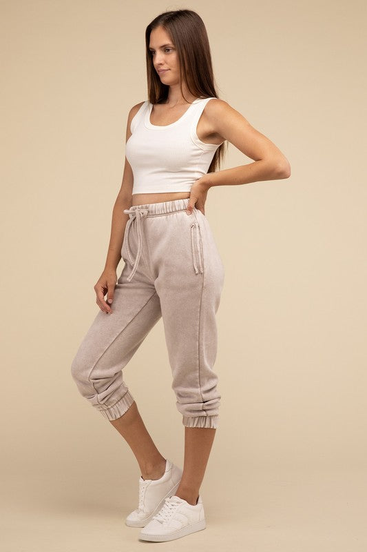 ZENANA Acid Wash Side Pockets Fleece Drawstring Cropped Sweatpants