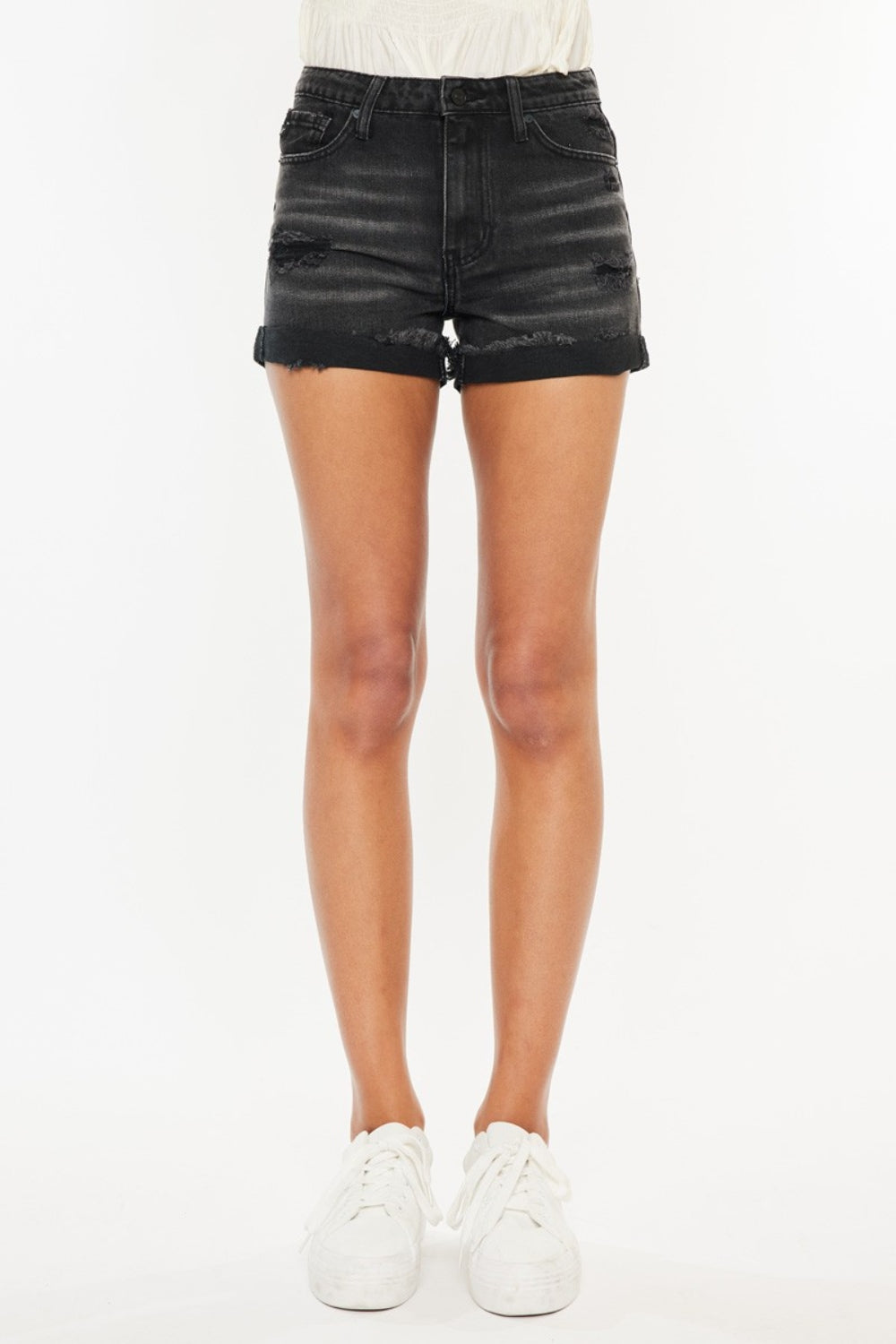 KanCan High Waist Distressed Black Washed Denim Shorts