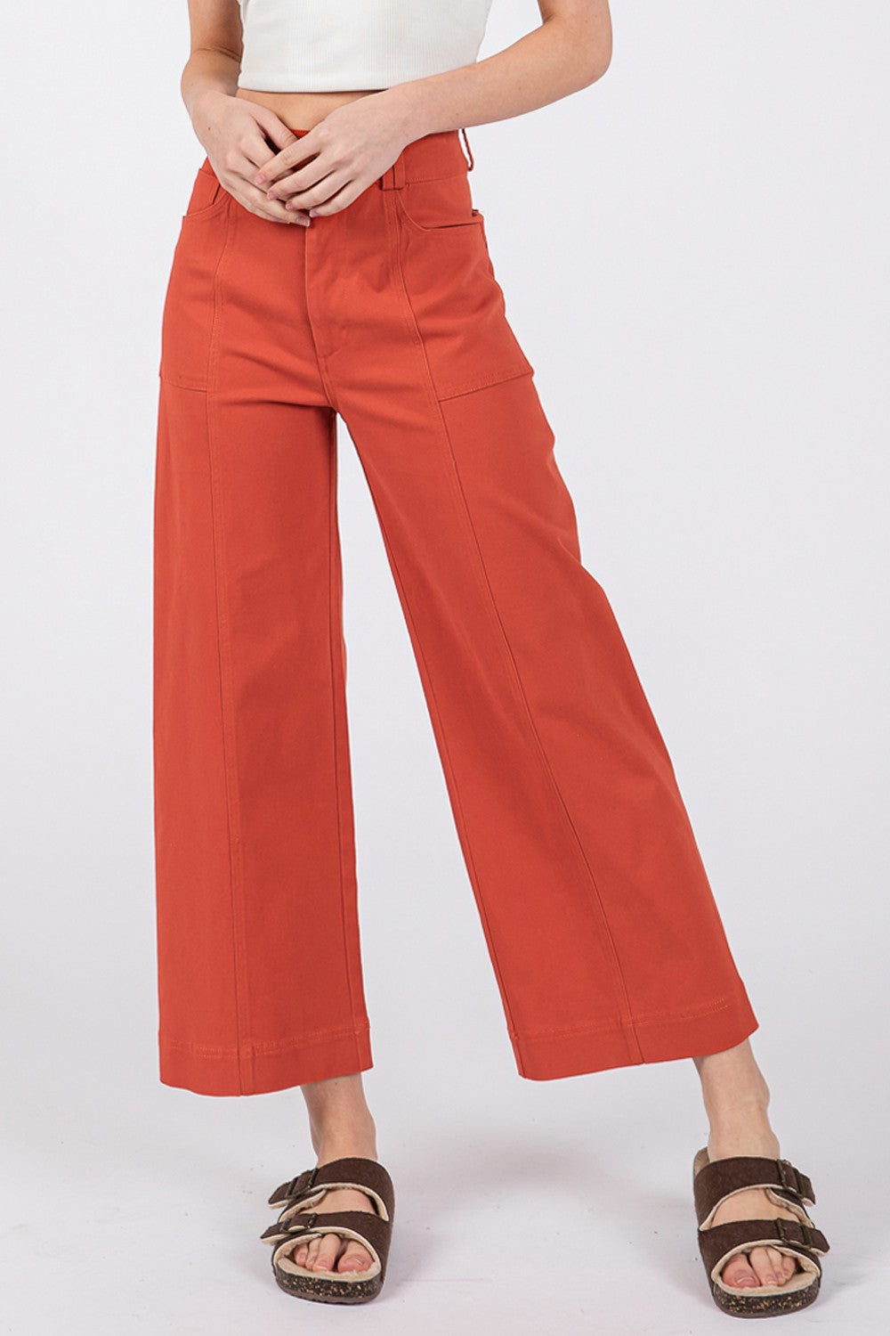 SAGE + FIG Adjustable Button Closure Pockets Wide Leg Cropped Pants | Cinnamon