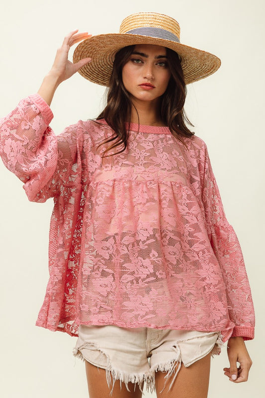 BiBi Floral Lace Long Sleeves Round Neck Relaxed Fit Blouse Top