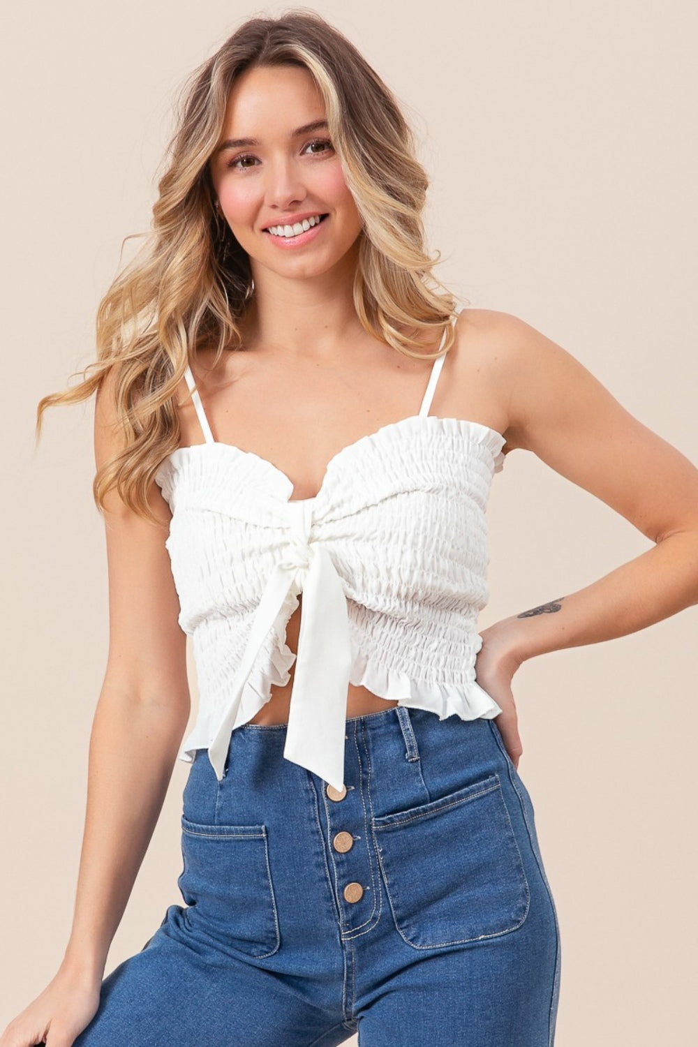 BiBi Ruffled Smocked Ribbon Detailed Adjustable Strap Woven Cami Top | Off White