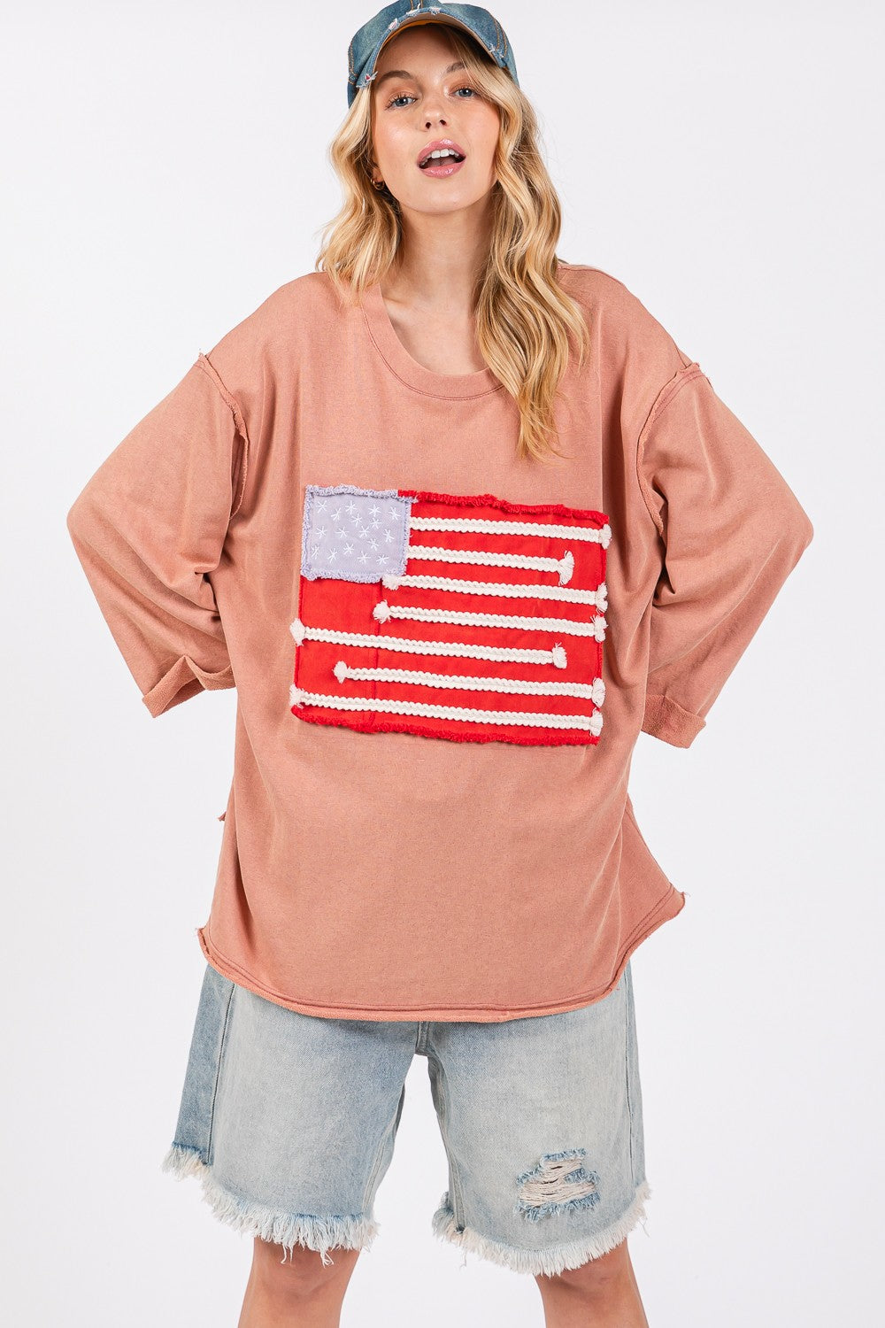 SAGE + FIG American Flag Patch Drop Shoulder Half Sleeves T-Shirt | Indian Pink