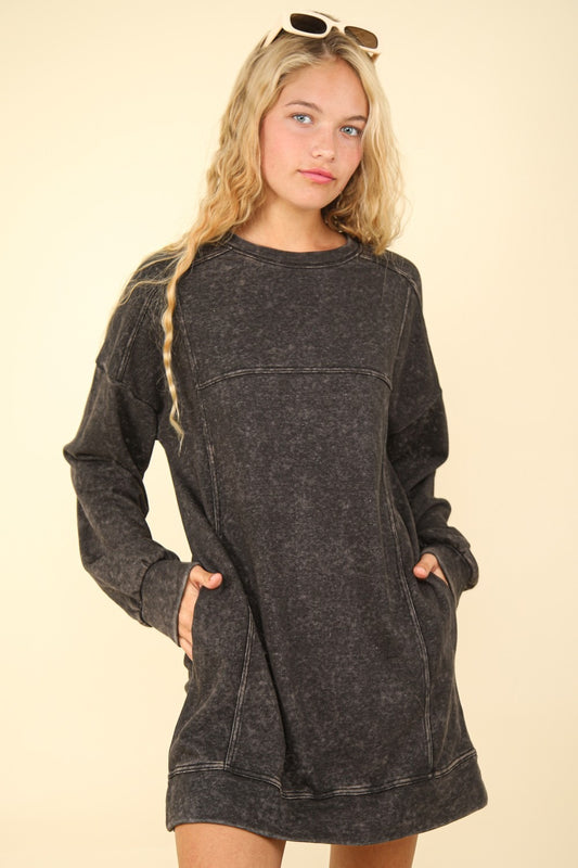 VERY J Mineral Wash Side Pockets Oversized Knit Sweatshirt Mini Dress | Black