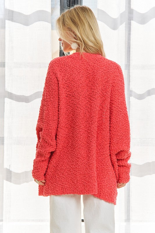 ADORA Popcorn Knit Pockets Long Sleeves Open Front Sweater Cardigan | Coral