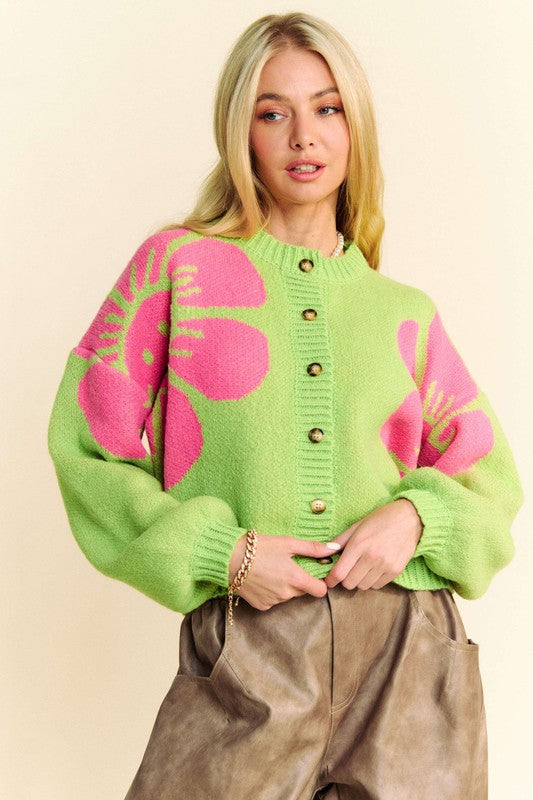 Davi & Dani Flower Contrast Round Neck Long Sleeves Cropped Cardigan | Lime