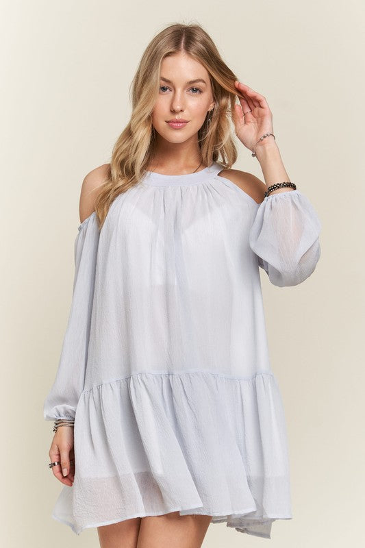 ADORA Cold Shoulder Crinkle Ruffle Hem Balloon Sleeves Babydoll Dress | Blue